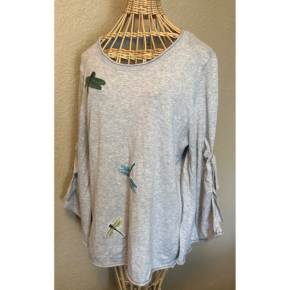Democracy Womens Gray Dragonfly Embroidered Bell Sleeve‎ Cotton Sweater Top L